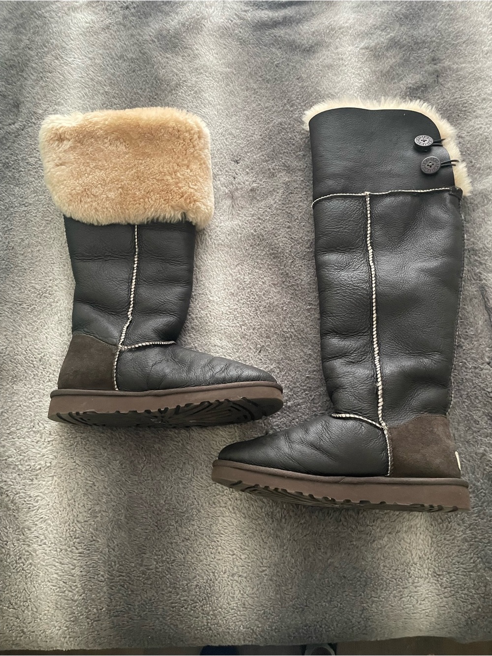 UGG Tall Shearling-Trim Leather Winter Boots - Dark Brown with Cream Cuff